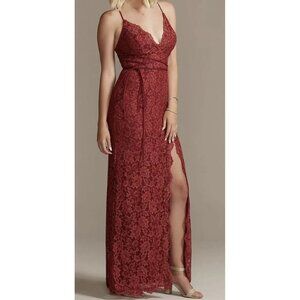 GALINA Women Lace Plunging Neckline Side Slit Maxi Dress Sz 8 Red Event 70-11